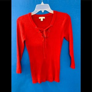New York and Company: red ribbed long sleeve top.